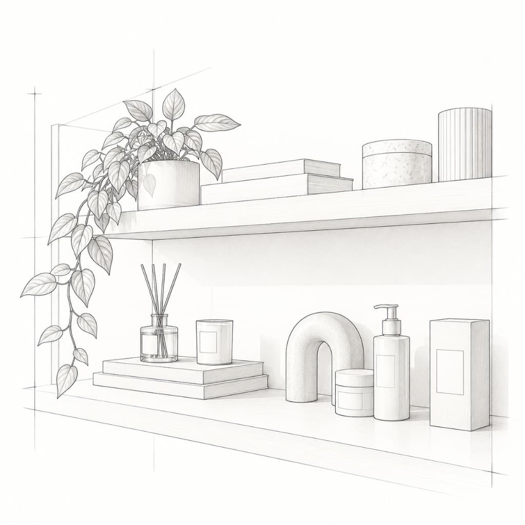 Detail study of a styled shelf with product, ceramics and planting.