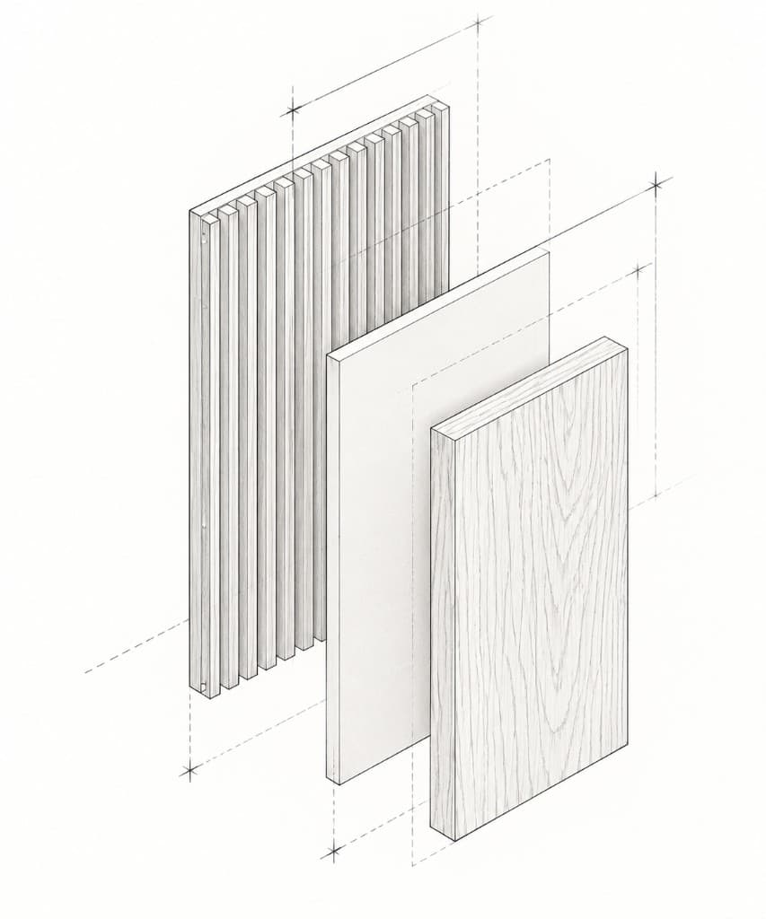 Exploded axonometric of a slatted timber panel, board and oak face.